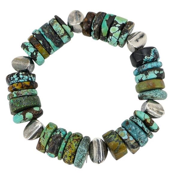 Turquoise Heishi & Artisan Sterling Silver Bench Beads Bracelet Handmade - Picture 2 of 9